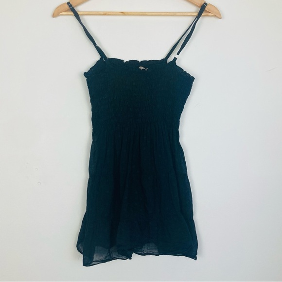 Made in Italy black semi sheer elastic smocked black tiered tank tonal polka dot - Picture 2 of 8
